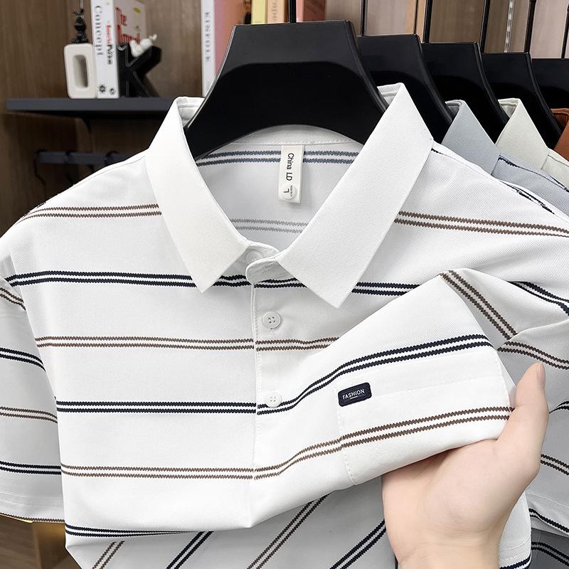 Polo Estiva a Righe da Uomo con Revers e Tasca Vera - Top Casual da Lavoro a Maniche Corte