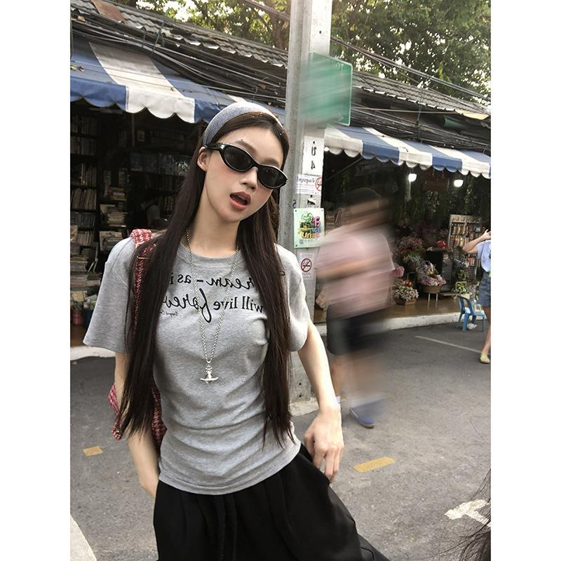 Summer new Spice Girl letter American print short-sleeved retro T-shirt women s gray slim slim design top women S хизер серый