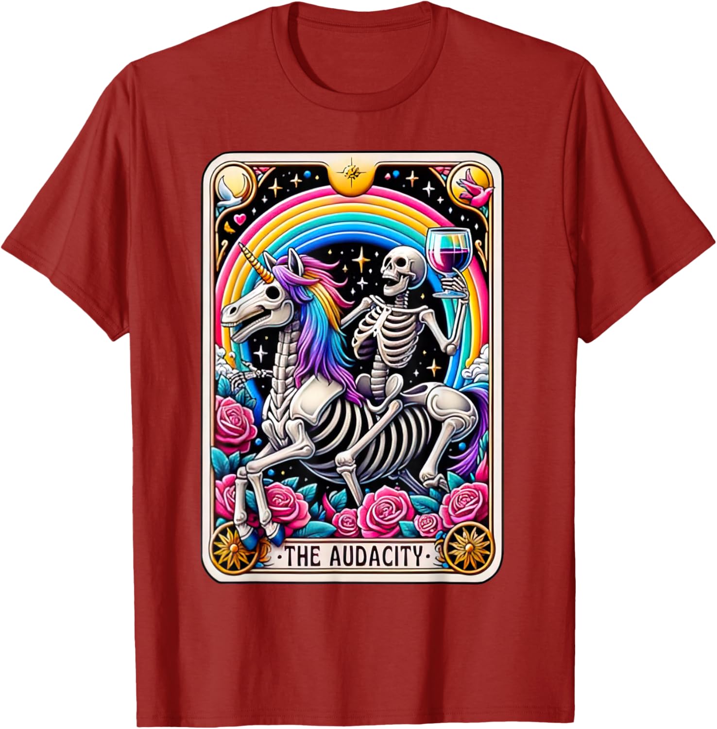 Skeleton Riding Rainbow Unicorn Tarot Card The Audacity Graphic Tee Casual Cotton T-Shirt S