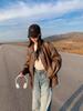Women's Retro Brown Leather Motorcycle Jacket - Short, Loose, Korean Style for Spring & Autumn 2024.