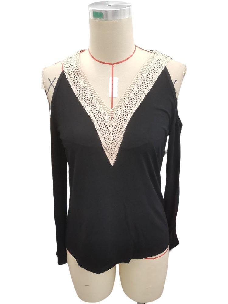 Elegant Lace V-Neck Applique Sleeve Hollow Out Long Sleeve Solid Color T-Shirt Skinny T-Shirt Women Versatile Closet Essential Fashion Items Shirt