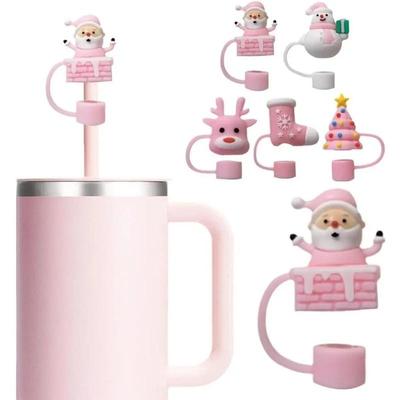 1Pc 10mm Christmas Pink Series Straw Covers Cap for Cup Tumblers Mug Accessories Silicone Straw Topper Reusable.