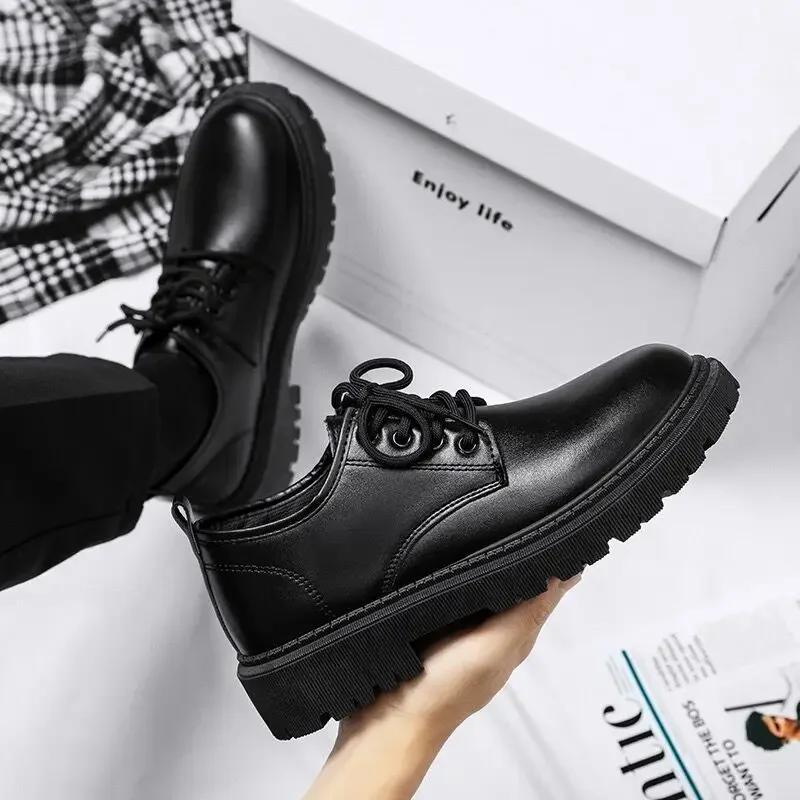 

2026 Men Korea Leather Platform Oxfords Slip on Thick Tottom Male Derby Shoes Casual Loafers Mens Square Toe Formal Dress Shoes 39 чёрный