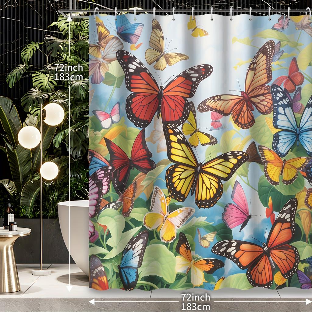 1pc Forest Colorful Butterfly Pattern Printed Shower Curtain, Fabric Bath Accessory Shower Curtain