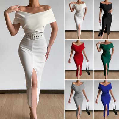 Manga curta cinto hip wrap cor sólida vestido feminino elegante fora do ombro frente split bodycon vestido