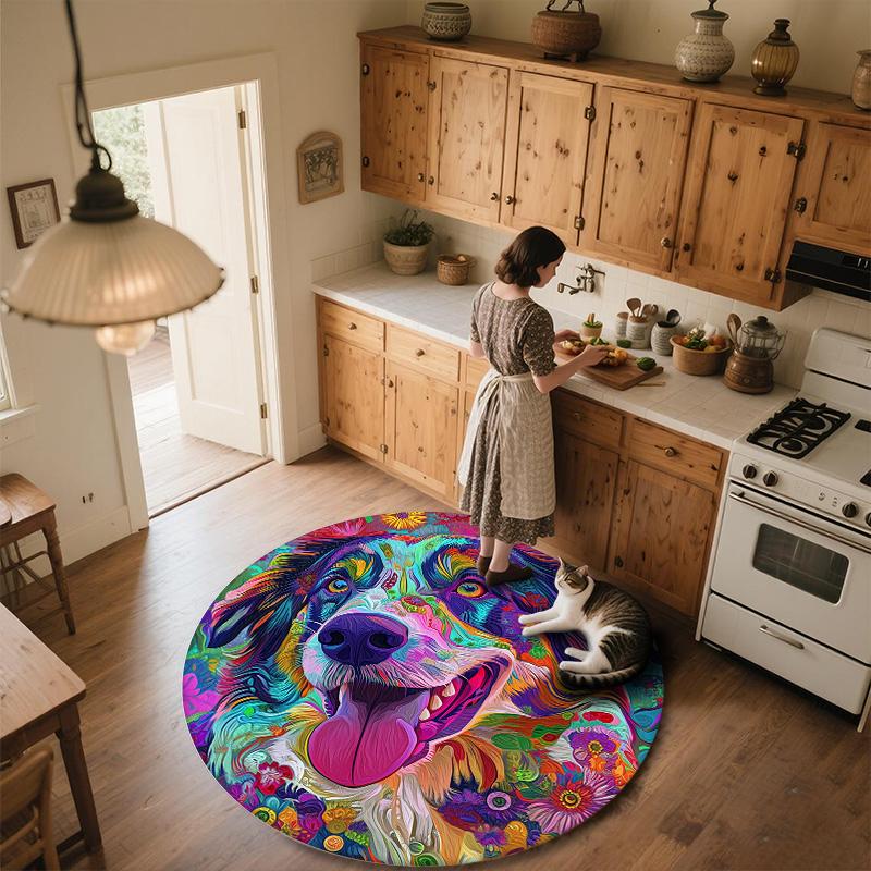 Colorful Dog,Round Area Rug,Carpet Rug for Living Room Bedroom Sofa Playroom Decor,Non-slip Floor Mat