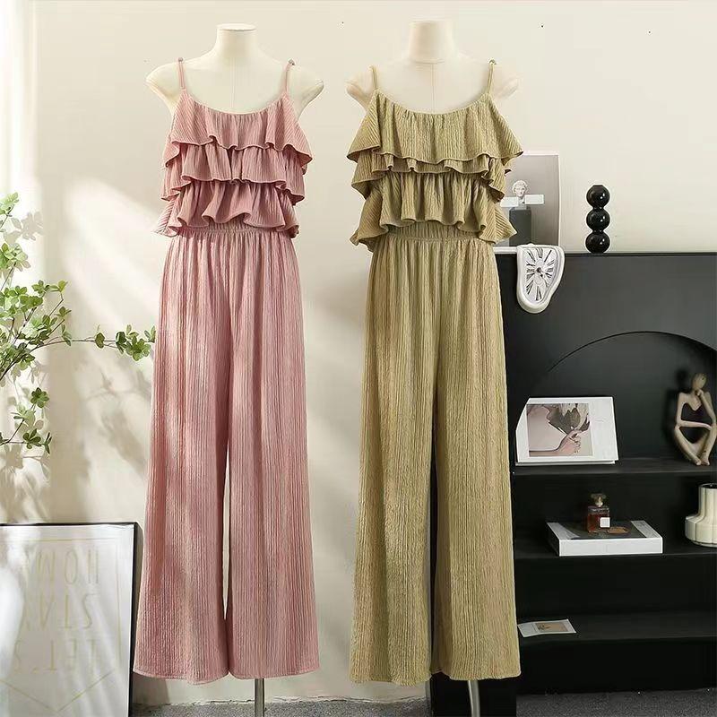 Casual Summer Solid Two Piece New Sets Women Sexy Flounce Tops + Loose High Waist Pants Female Chic Elegant Patchwork Party Beach Suits