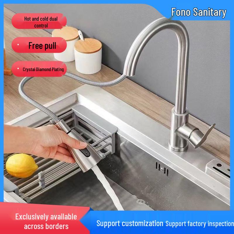 Stainless Steel Telescopic Rotatable Pull-Out Kitchen Faucet with Dual Water Outlets