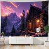 Forest Wooden House Tapestry Hanging Wall, Snow Mountain Landscape, Bohemian Tapestry, Hippie Living Room Wall Background Cloth
