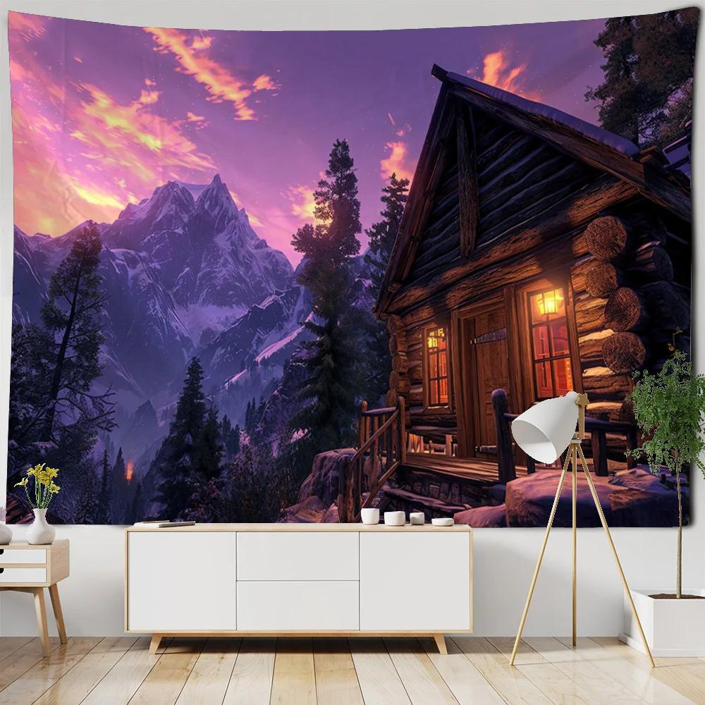 Forest Wooden House Tapestry Hanging Wall, Snow Mountain Landscape, Bohemian Tapestry, Hippie Living Room Wall Background Cloth