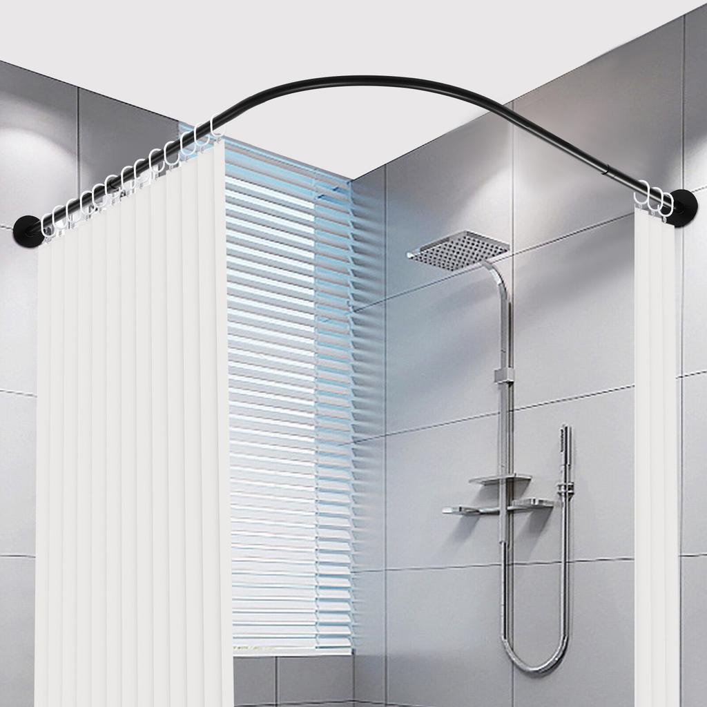 L Shape 72-95x90-130cm Adjustable Angle Rod, Stainless Steel Telescopic Shower Curtain Rail for Bathroom Bathtub, Black