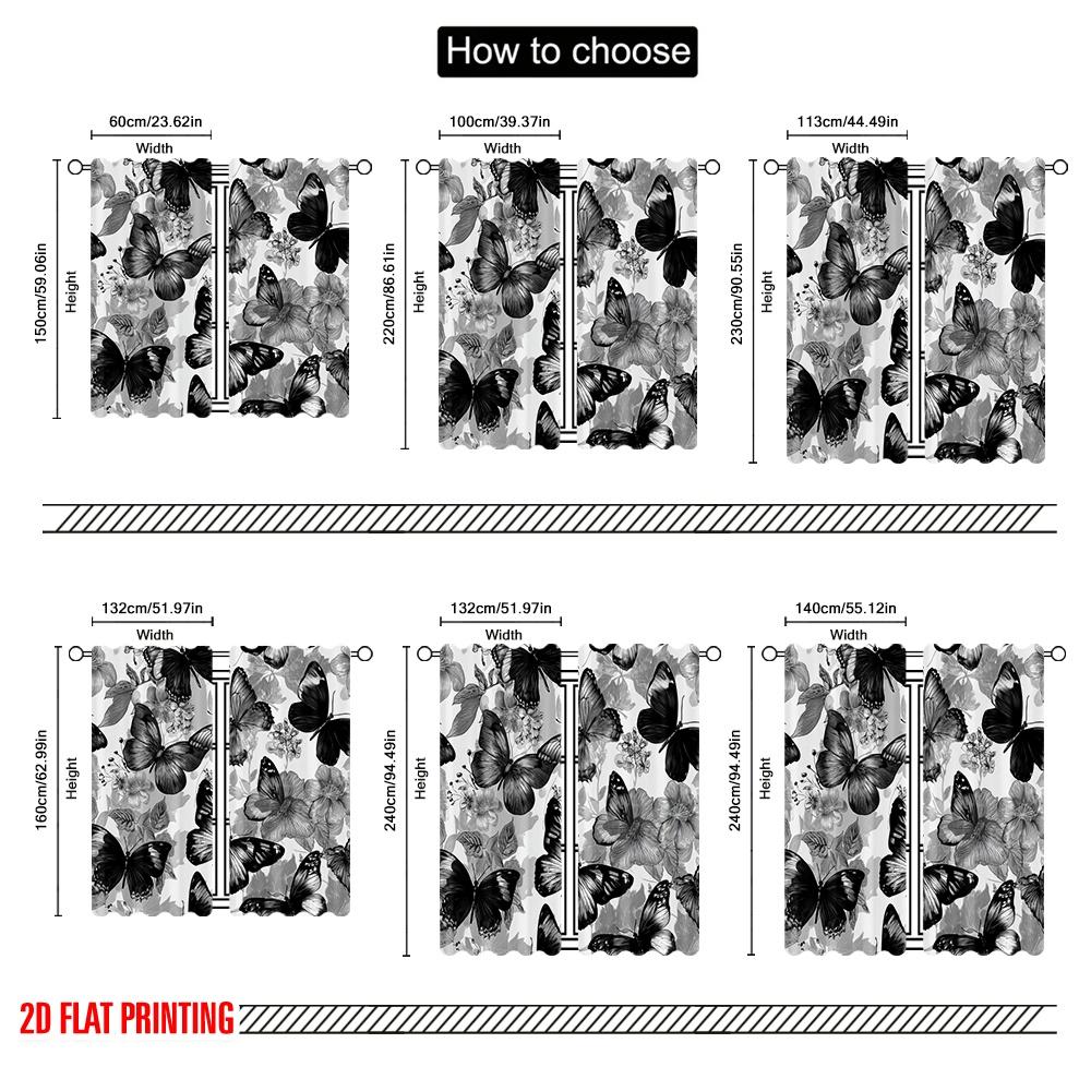 2pcs,2D Plane Printing Popular Curtain Panels Monochrome Butterflies Versatile Fabric (without Rod) Gifts for Bedroom, Living