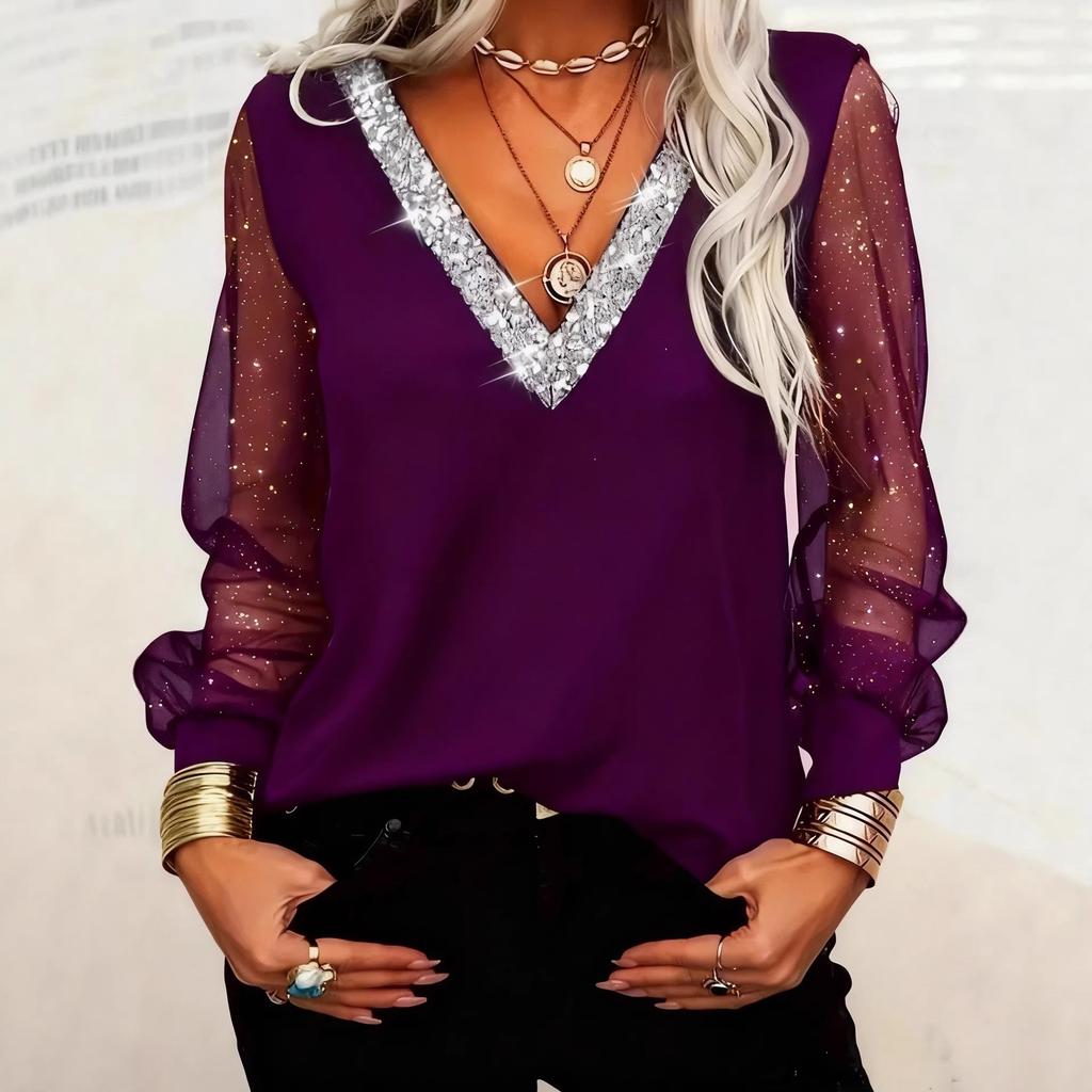 2026 New spring and summer women's fashion sequined V-neck mesh long-sleeved casual T-shirt top