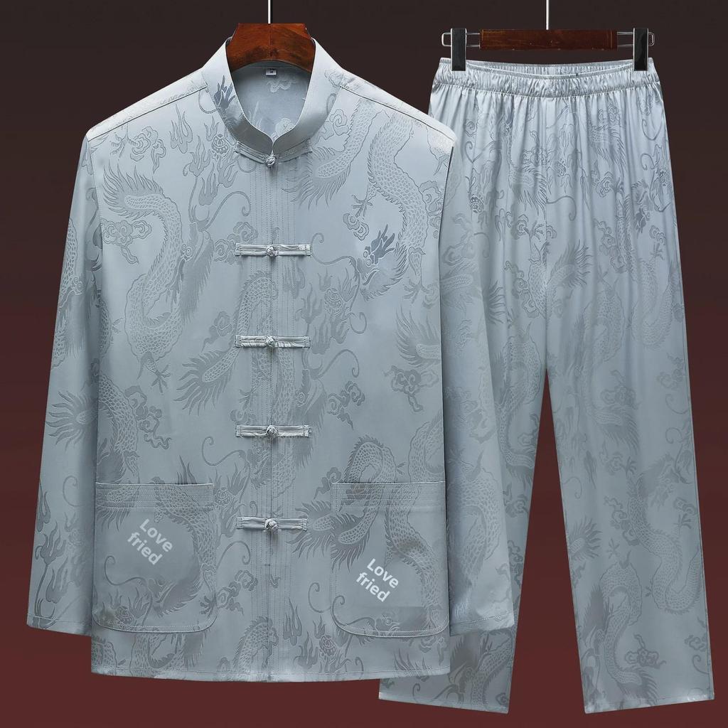 Men's Retro Ice Silk Long-Sleeved Tang Suit for Spring/Summer - Middle-Aged & Elderly Hanfu Tai Chi Outfit