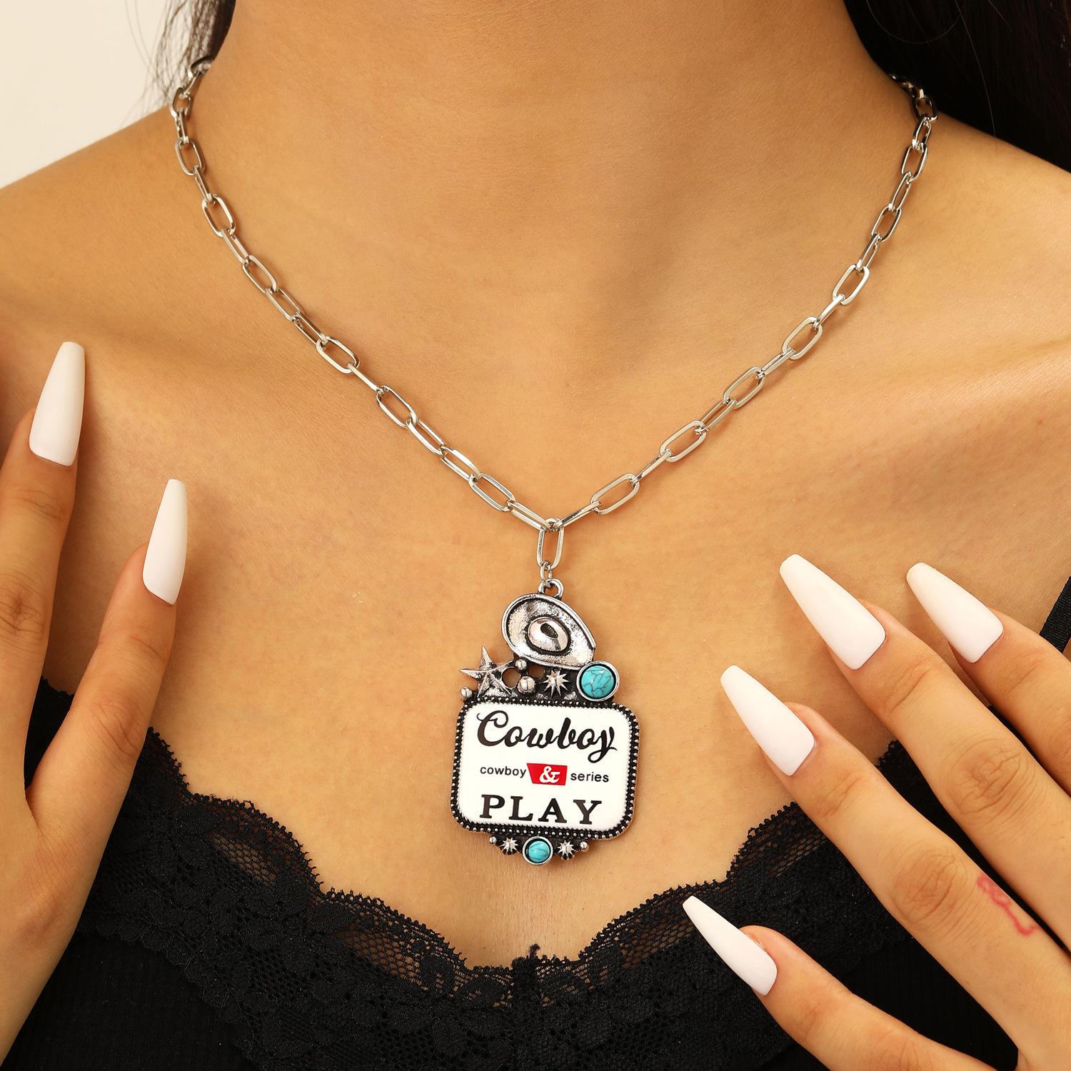 Ethnic Black White Checkerboard Western Cowboy Turquoise Cactus Cowboy Hat Punk Necklace 4