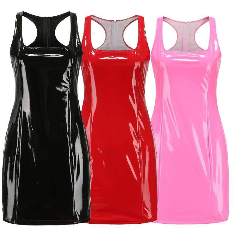 1Pc Nightclub Party Style Summer Women's Colorful PU Sexy Sleeveless Popular Bodycon Skirt Leather Dress