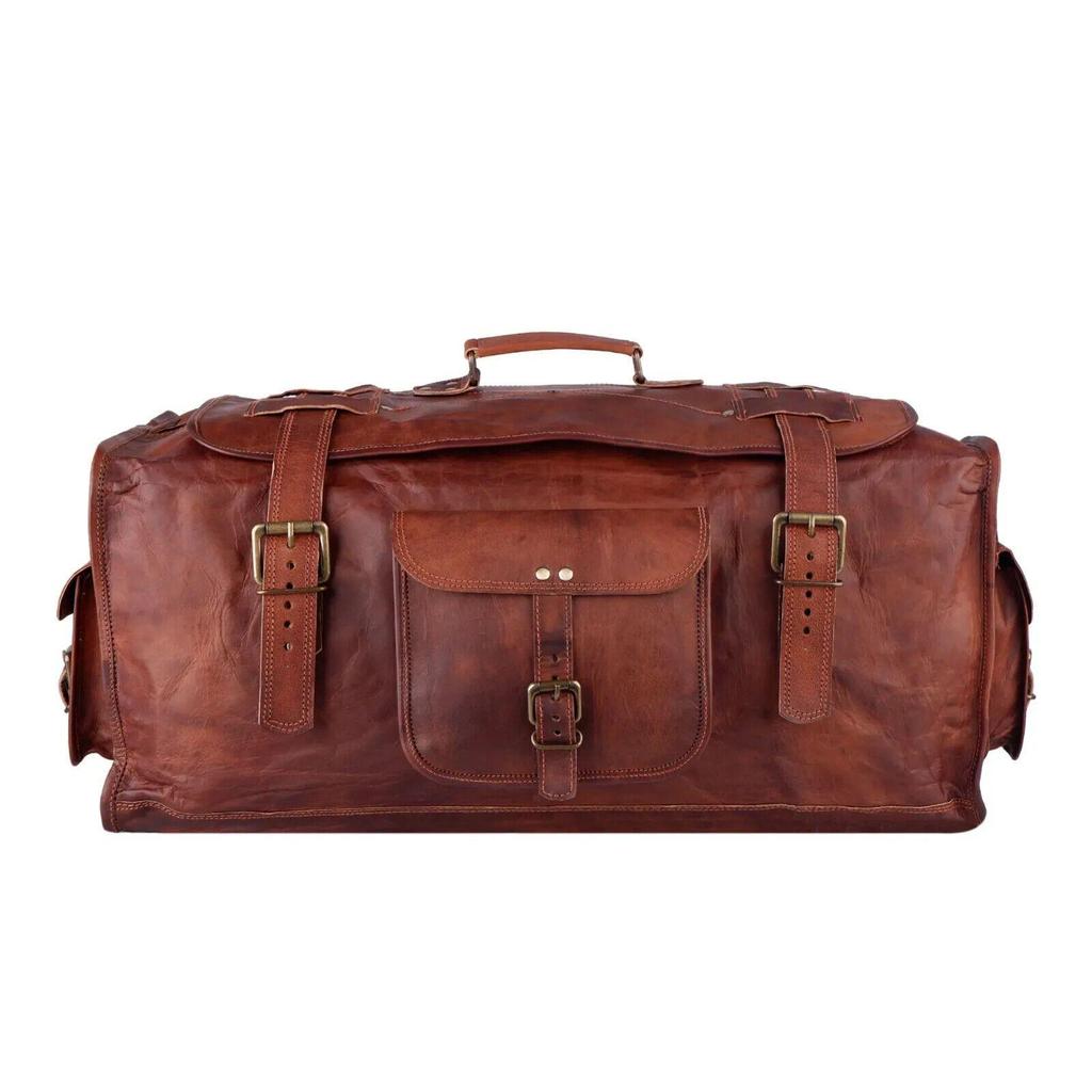 Large Men's Travel Luggage Handmade Vintage Leather Duffel Brown Weekend Gym Bag