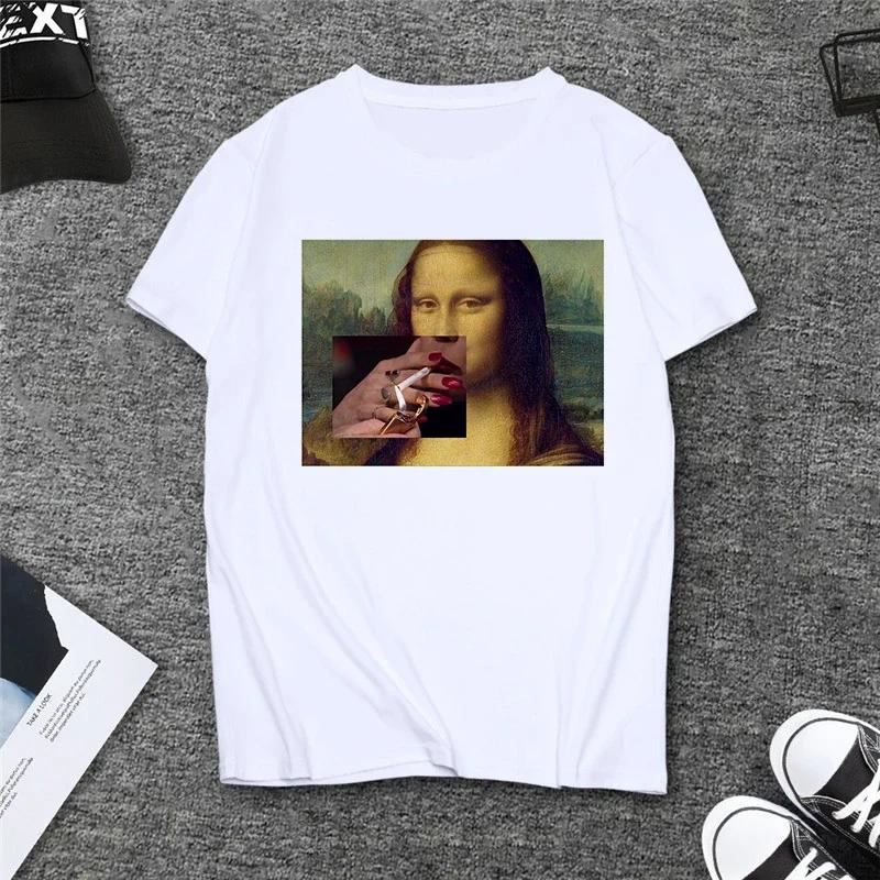 Verão Paródia Mona Lisa Bebendo Cerveja Estampa Camisetas Mulheres Estética Engraçado Casual Mangas Curtas Tops Feminino Mangas Harajuku