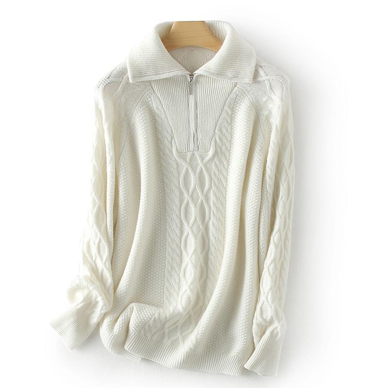 23 Autumn Winter Women's Thick Cashmere High Neck Zipper Sweater - Loose Knit Base Layer