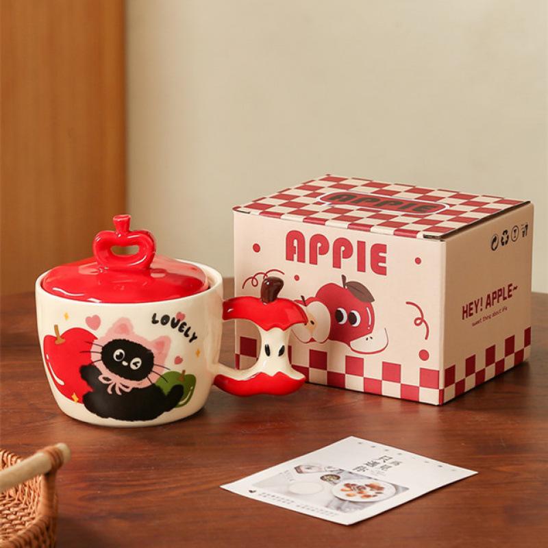 Personalized Cute Apple Cat Mug for Home Use with Lid for Couples Ceramic Mug for Office Good Looking Girl Mug