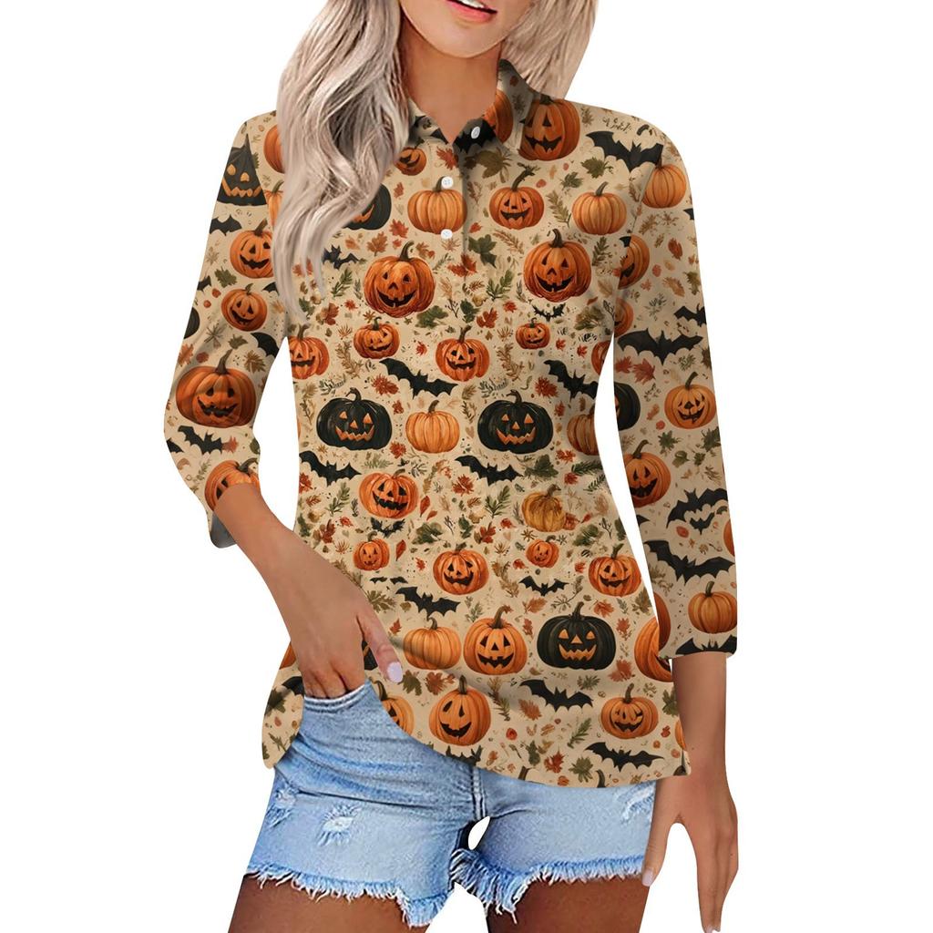 Dámská móda Ležérní Klopa Krátký 3/4 rukáv Halloweenský potisk Košile Dámské Zapínací topy