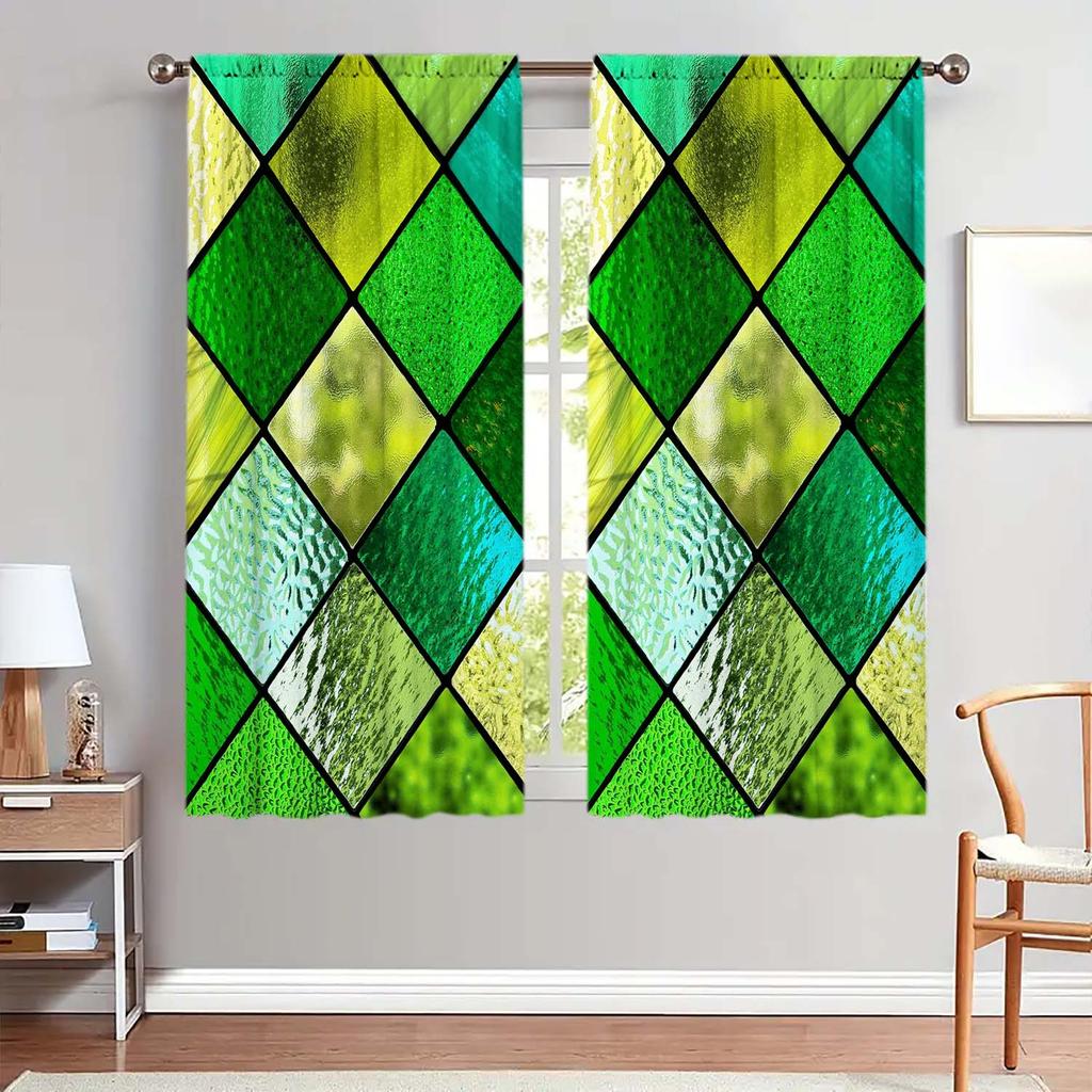 2-Panels Green Diamond Shaped Glass Window Curtains   Distinctive Printed Curtains   Suitable for Gifting To Family and Friends