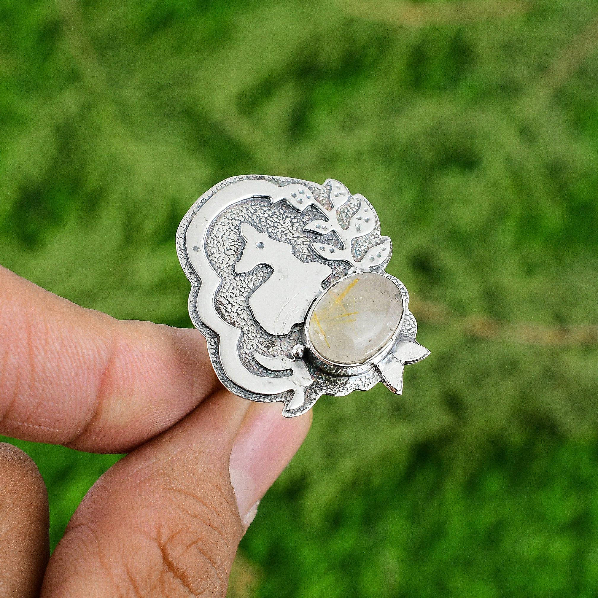 

Sterling Silver Natural Golden Rutile Solitaire Promise Statement Ring Jewelry Adjustable