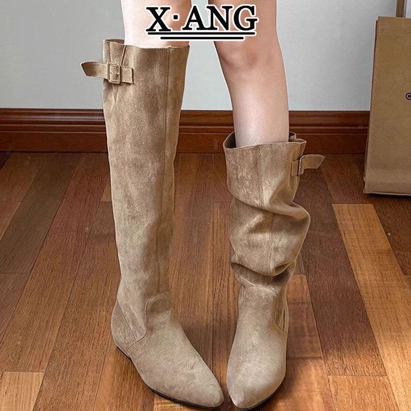 Cowhide version pointed thick heel pleated pile boots but knee high boots western cowboy boots long boots knight boots children