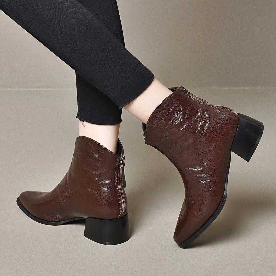 

Women s Chunky Heel Nude Ankle Boots - 2025 Autumn/Winter Fashion, Versatile Low Heel Leather with Small Square Toe 38
