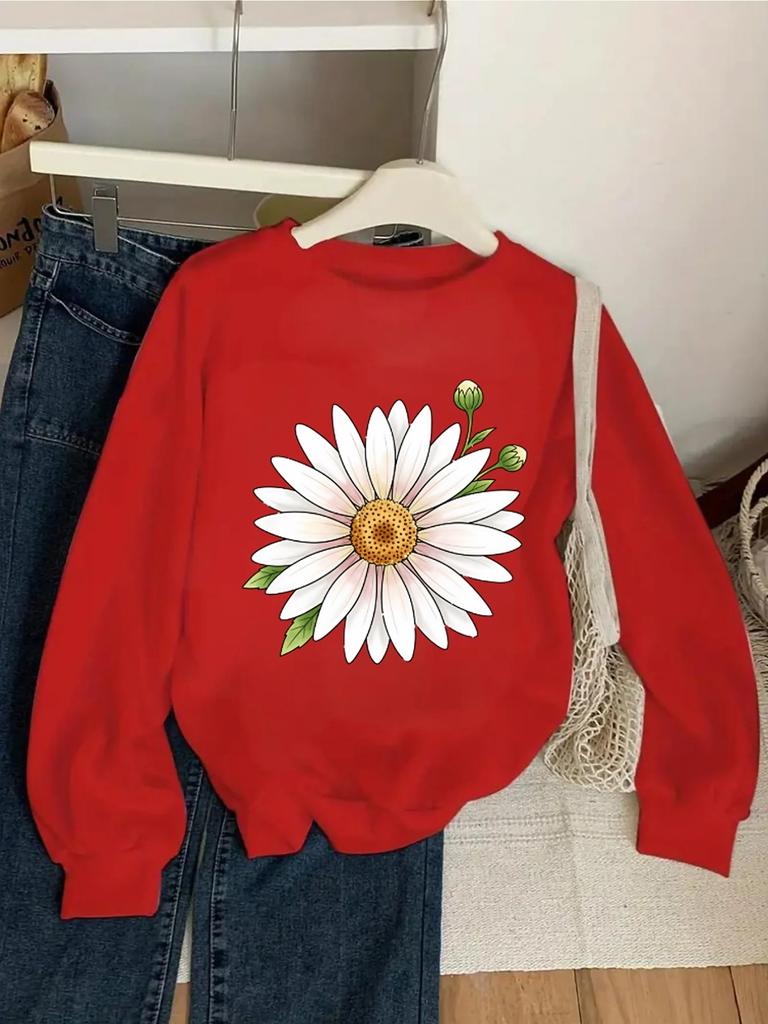 Crewneck Sweatshirt for Girls Featuring a Daisy Design with Green Leaves And Buds. It'S Machine Washable