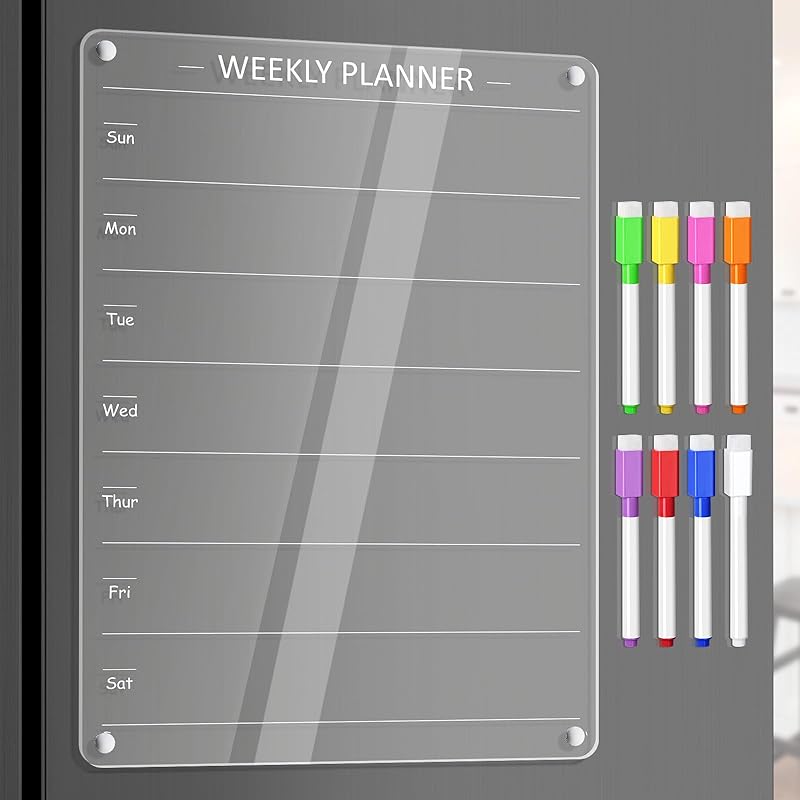 Acrylic Meal Planner Magnetic Menu Board for Kitchen Fridge w/Markers, Clear Weekly Calendar Planning Board Noteboard Refrigerator Dry Erase Board to