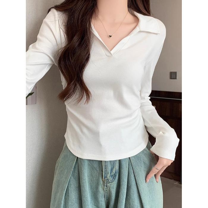 Korean POLO collar versatile long-sleeved front shoulder T-shirt women's autumn spice girl pleated waist and thin bottoming shirt top