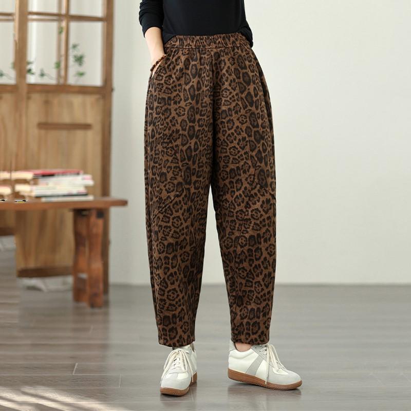 Plus Size Cotton Vintage Leopard High Waist Casual Loose Spring Autumn Harem Pants Women Trousers