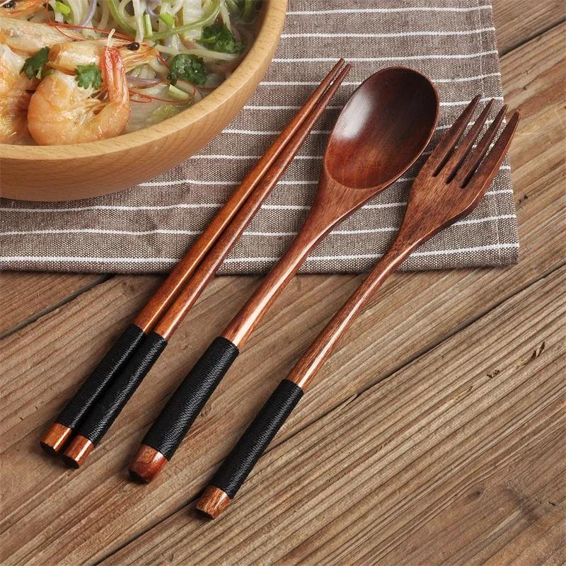 Set di Posate in Legno Giapponese (Cucchiaio, Forchetta, Bacchette) Posate per Sushi Alta Qualità Ecologico Portatile Set di Stoviglie Utensili da Cucina Regali