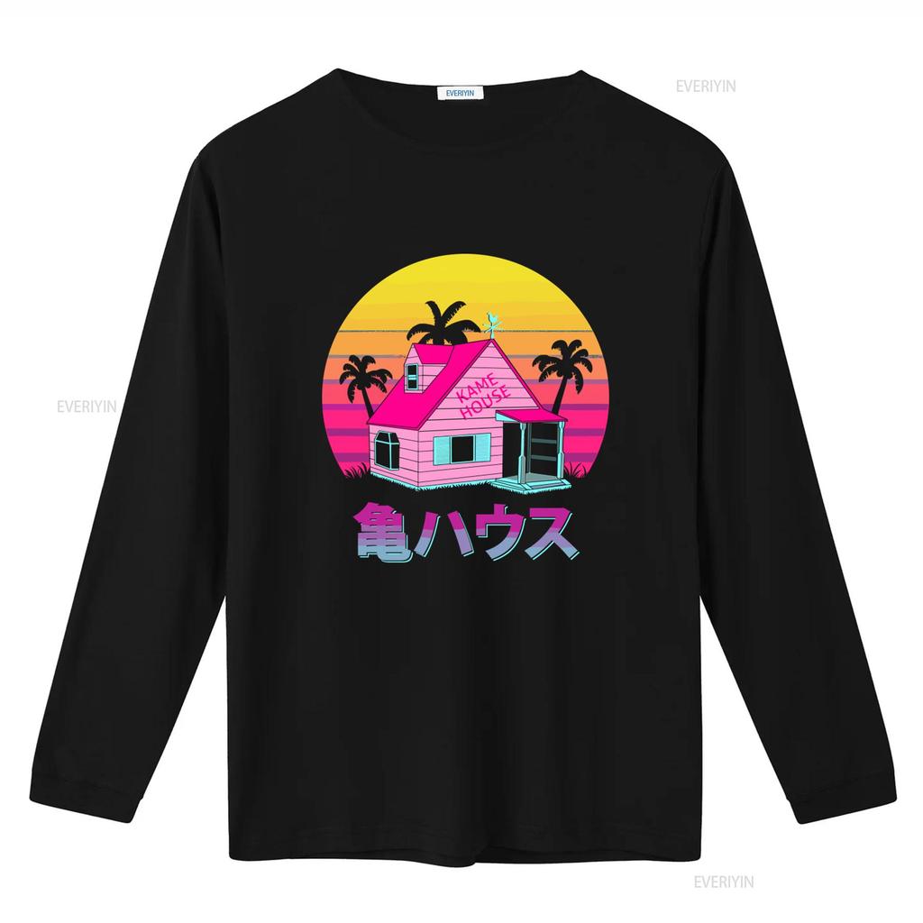 Kame House Sennin Funny Cartoon Mens Black T Shirt Retro Sunset Palms Design Size S to 5XL vintage Washed Soft fashion