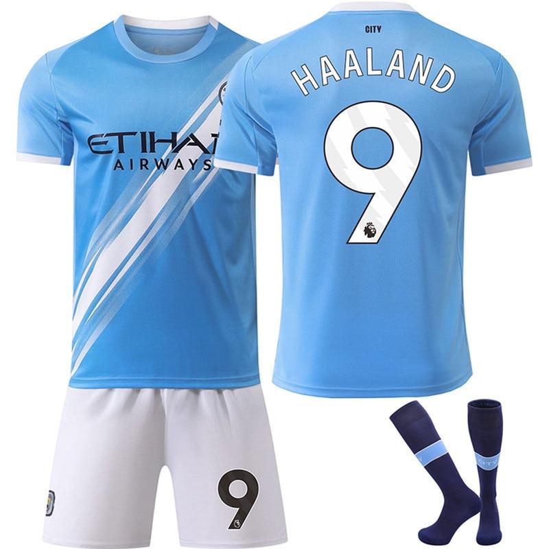 Manchester City Haaland No. 9 Youth Soccer Jersey 25/26 Season Breathable Polyester Sports T-Shirt Blue