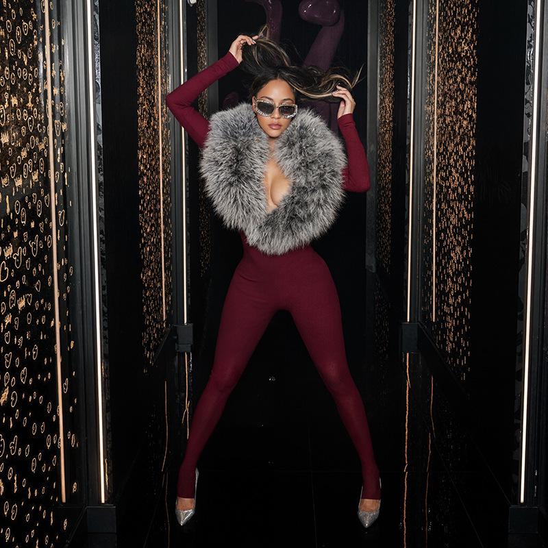 European Fashion Spicy Girl Autumn/Winter 2025 Women's Long Sleeve Fur Bodysuit Tights