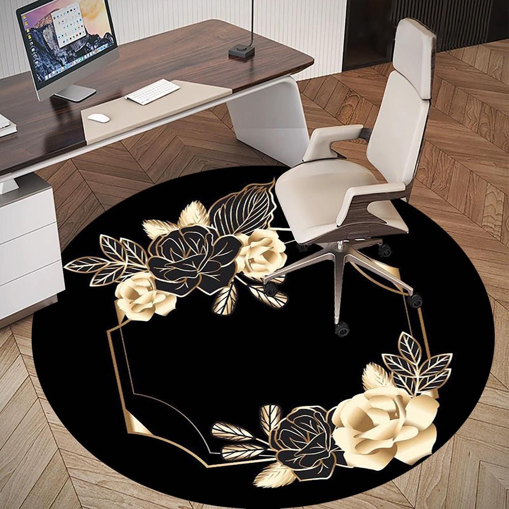 1PC Floral Frame Black and Gold Office Round Area Rug, Under Office Chairs Bedroom Living Room Home Decor,Carpet for Office, -1110282