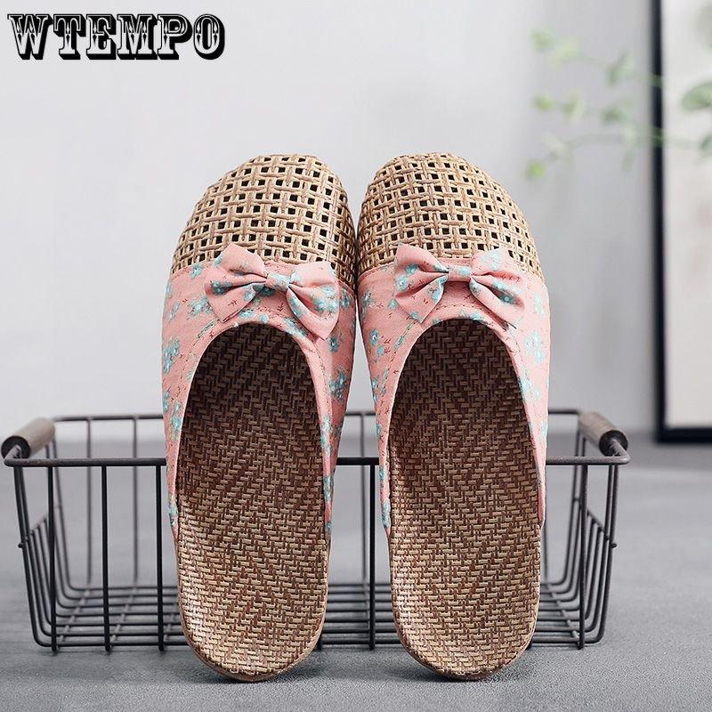 Linen Slides Women's Outer Wear Shoes Summer Thick Bottom Sandals Indoor Home Soft Bottom Non-slip Grass Rattan Slipper Outdoor Beach Flip-flops