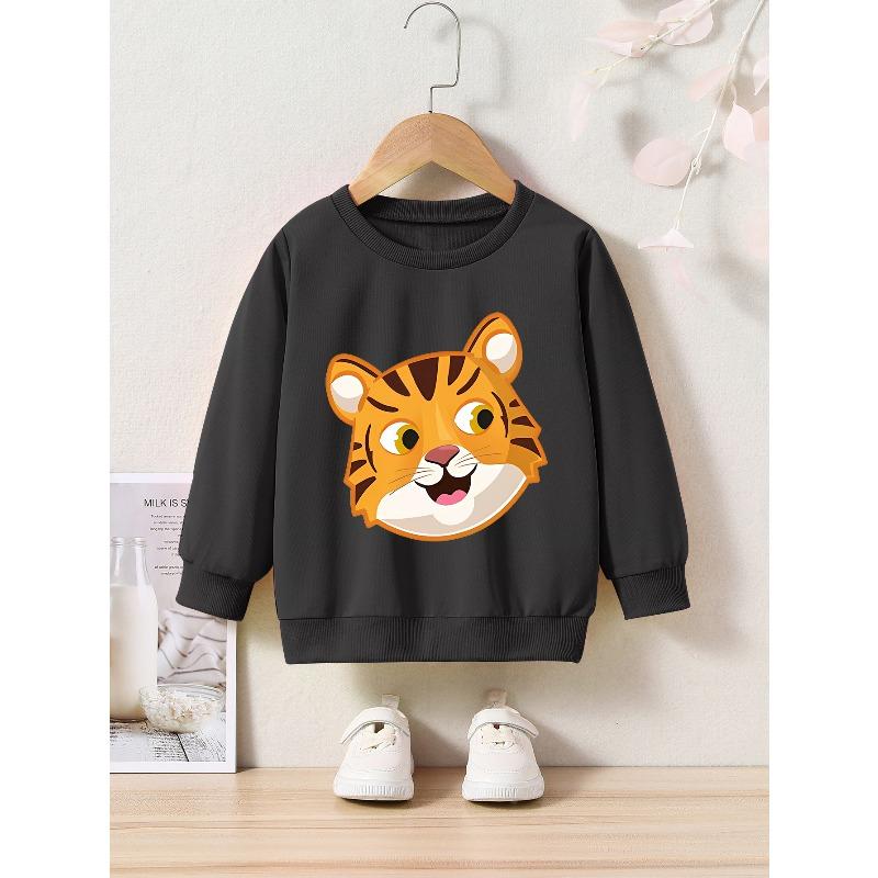 Cartoon Tiger Print Crew Neck Sweatshirt - Casual Active Pullover for Kids - Regular Fit, Applique Detail, Slight Stretch Fabric
