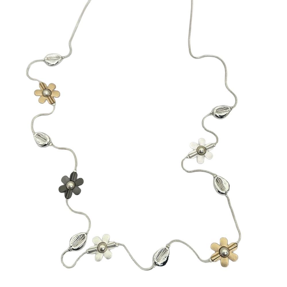Sweet Trendy Geometry Metal Flowers Color Clashing Splicing Long Necklace for Women Multiple Ways To Wear Beach Vacation Jewelry