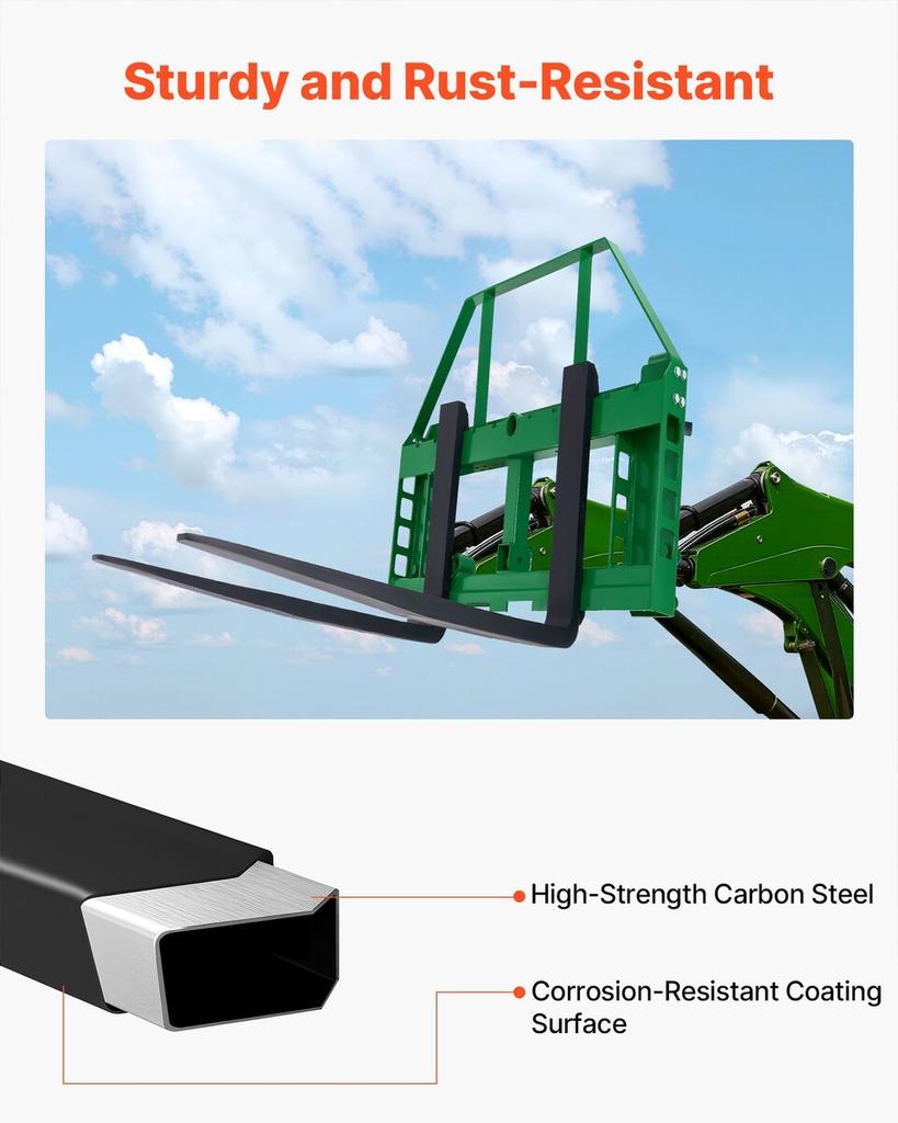 Skid Steer Pallet Frame, 1814 Kg Rated Load Capacity, 115 Cm Pallet Fork Frame Attachments with 50.8 Mm Hitch Receiver & Spear Sleeves, Fit for John
