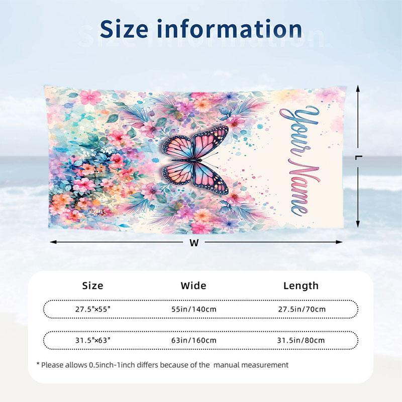 Butterfly Theme Beach Towel Personalized Custom Name & Text Soft Quick Dry Beach Towel for Swimming Travel