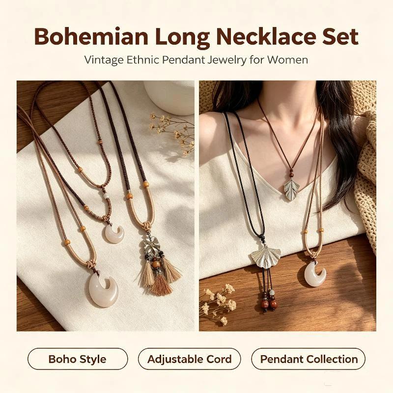 Boho Long Pendant Sweater Necklace for Women Leaf Beaded Detail Adjustable Rope Chain for Casual Vacation Wear
