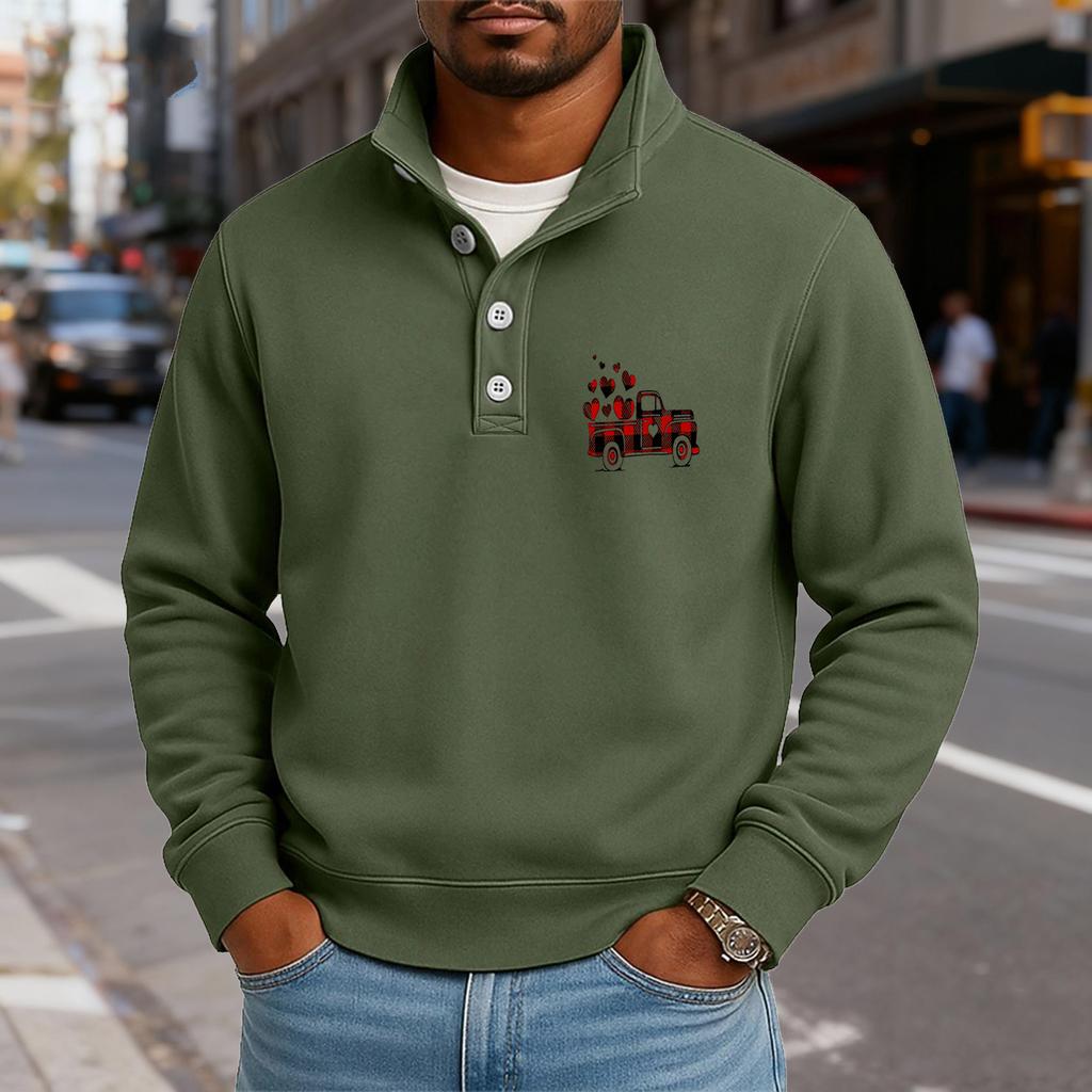 Men's Casual Stand-Up Collar Long-Sleeve Top Print Button-Down Sweatshirt