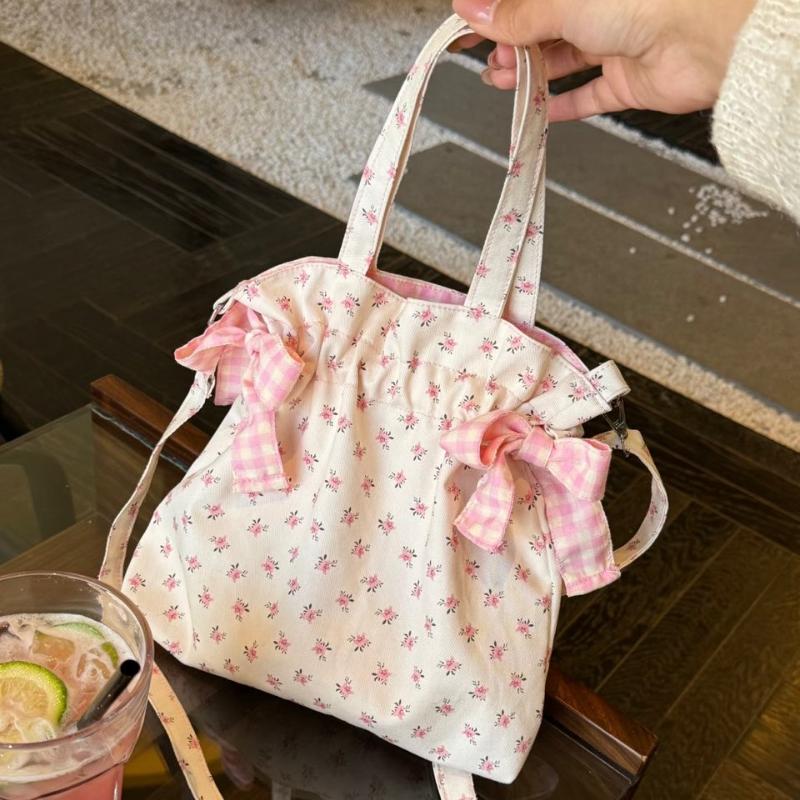 Cute Floral Print Handbag 3-in-1 Versatile Storage Shoulder Bag With Bow Decor Ruffle Edge Design Women Pink Crossbody Phe Bag