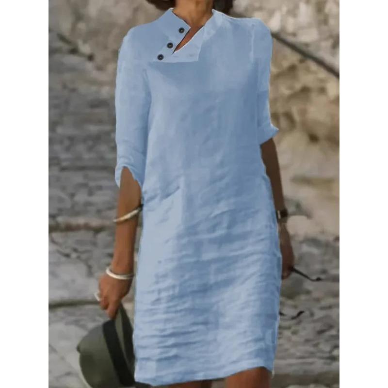 Spring and Summer New Casual Stand-up Collar Button Cotton and Linen Solid Color Medium-sleeved Dress S