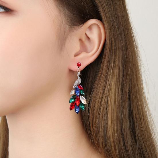 1 Pair Drop Earrings Vintage Rhinestone Peacock Golden Finish Luxury Elegant Green Faux Crystal Feather Dangling Earrings Fashion Jewelry