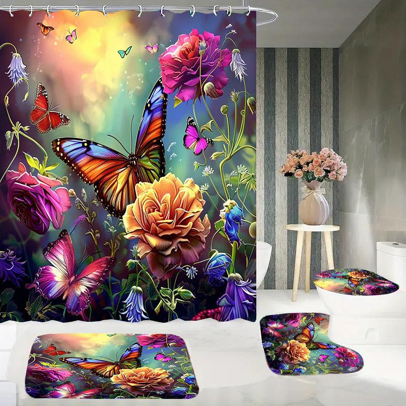 Butterfly Trees, Flowers And Plants, Digital Printing, Shower Curtain, Bathroom Four-Piece Set With Hooks
