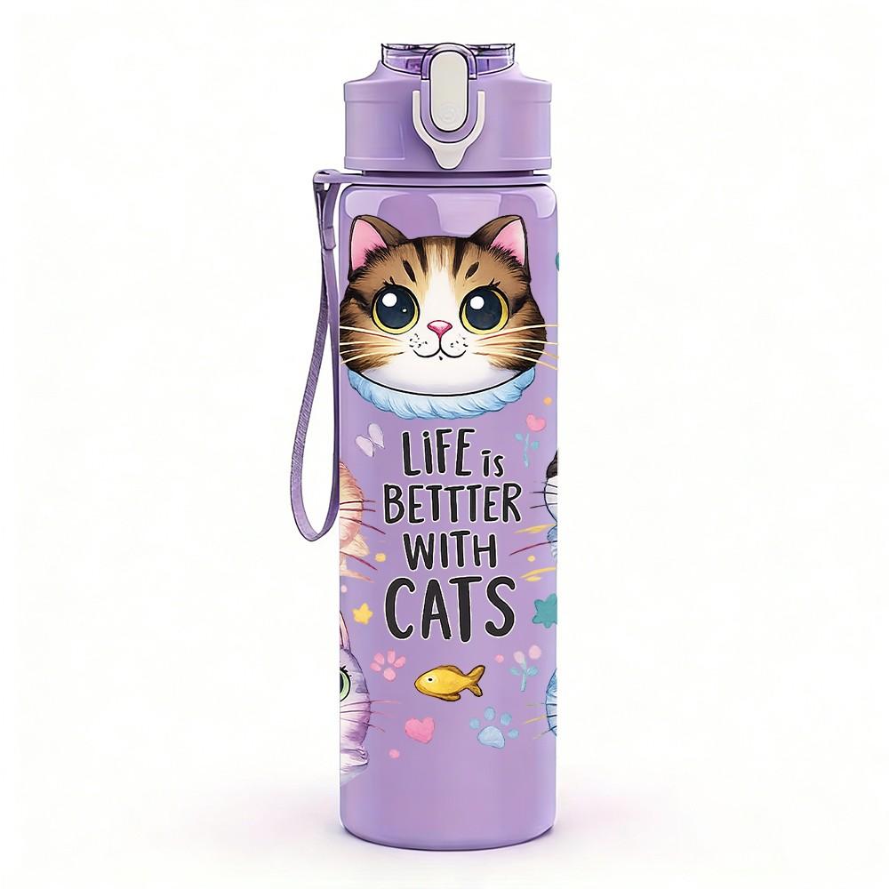 1PC Three Cute Kitten Cat Print 750ml Color Plastic Sports Water Bottle Leakproof Flip Straw Lid Suitable for Sports Office Home Use